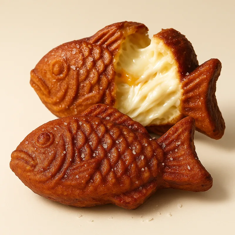 A butter-toasted savory taiyaki broken open to show a stretchy three-cheese melt.