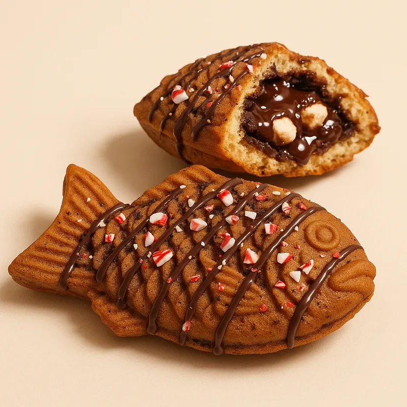 A chocolate taiyaki scattered with crushed candy canes.