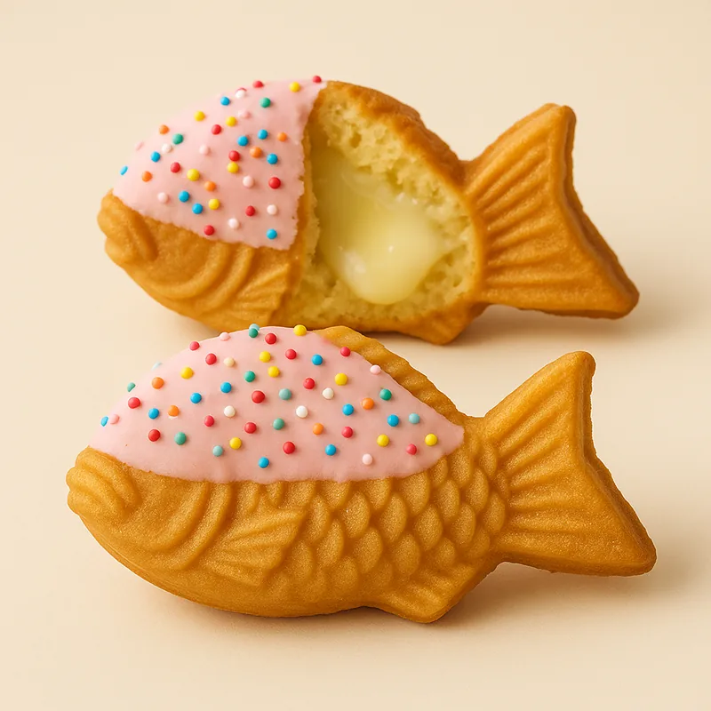 A taiyaki frosted with thick pink almond buttercream and rainbow sprinkles, with a second one broken open beside it.